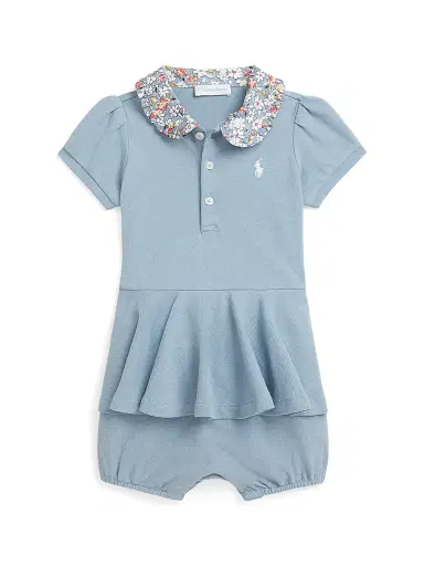Polo Ralph Lauren Baby Girl's Mesh Peplum Polo Romper - Vessel Blue 6 Months | Thumbnail 1 Polo Ralph Lauren Baby Girl's Mesh Peplum Polo Romper - Vessel Blue 6 Months | Thumbnail 1