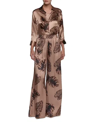 L'Agence Women's Lillian Leaf-Print Satin Wide Leg Pants - Hazelnut Multi Large - Size Large | Thumbnail 2