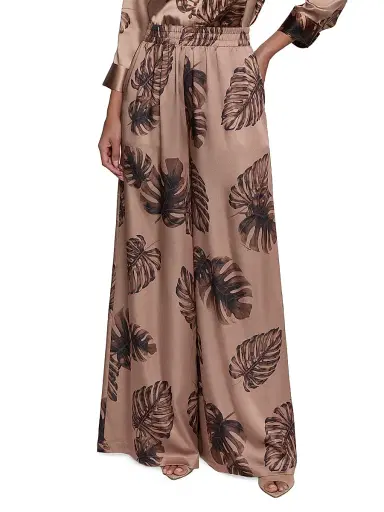 L'Agence Women's Lillian Leaf-Print Satin Wide Leg Pants - Hazelnut Multi Large - Size Large | Thumbnail 3