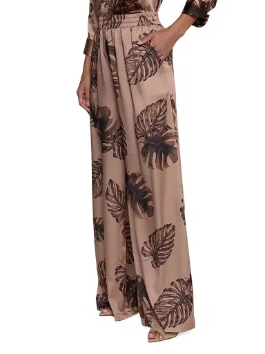 L'Agence Women's Lillian Leaf-Print Satin Wide Leg Pants - Hazelnut Multi Large - Size Large | Thumbnail 4