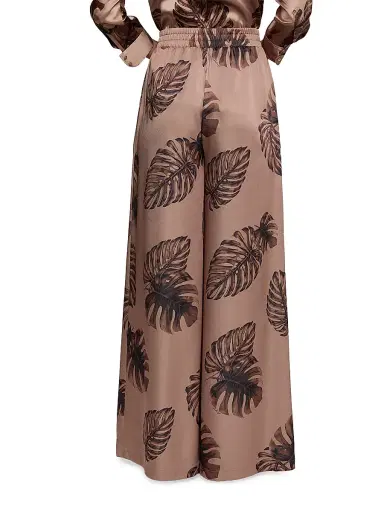 L'Agence Women's Lillian Leaf-Print Satin Wide Leg Pants - Hazelnut Multi Large - Size Large | Thumbnail 5