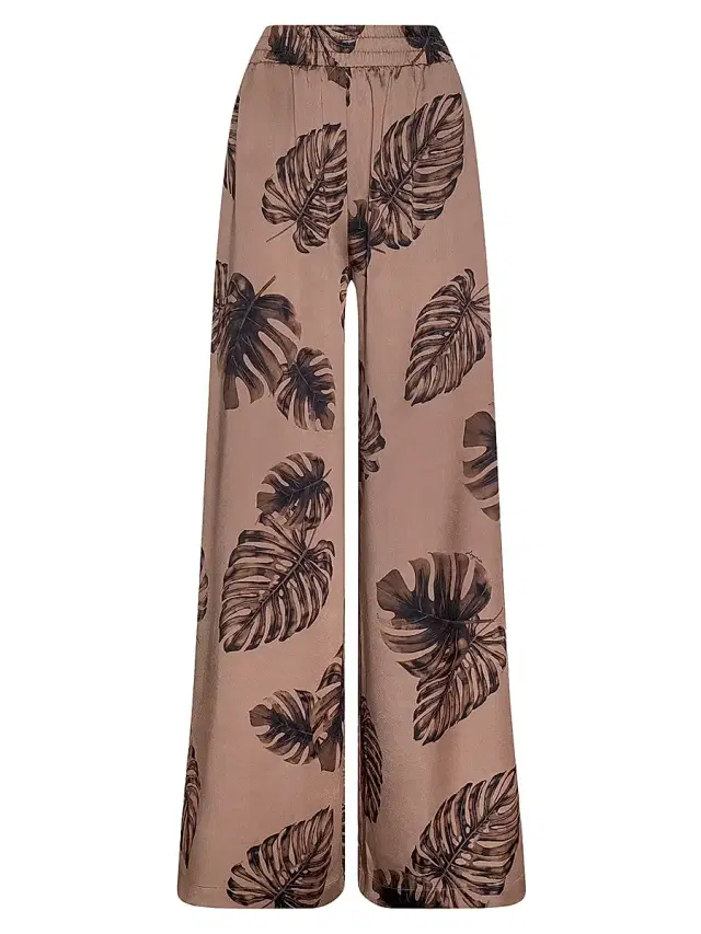 L'AGENCE Women's Lillian Leaf-Print Satin Wide Leg Pants - Hazelnut Multi Large