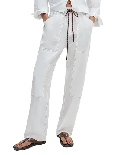 rag & bone Women's Atlas Linen Straight-Leg Drawstring Pants - White - Size Large | Thumbnail 3