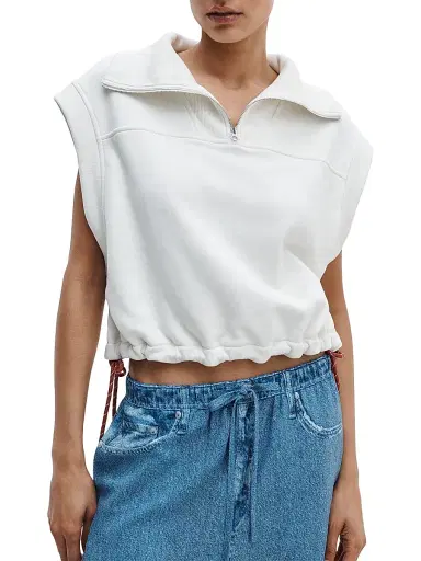 rag & bone Women's Drawstring-Hem Terry Cotton Crop T-Shirt - Cream - Size XL | Thumbnail 3