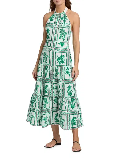 Milly Women's Hayden Floral Tile Linen Maxi Dress - Green White | Thumbnail 2