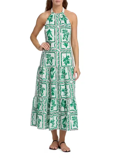 Milly Women's Hayden Floral Tile Linen Maxi Dress - Green White | Thumbnail 3