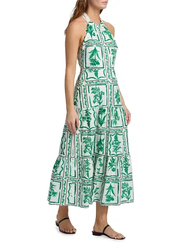 Milly Women's Hayden Floral Tile Linen Maxi Dress - Green White | Thumbnail 4