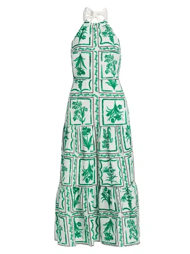 Milly Women's Hayden Floral Tile Linen Maxi Dress - Green White | Thumbnail 1