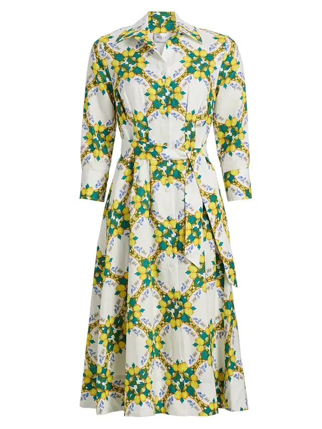 Milly Women's Lexi Lemon Lattice Tie-Waist Midi-Dress - Yellow Multi