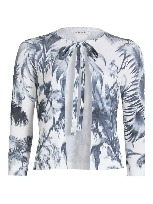 Women's Palm Tree Cotton-Blend Tieneck Cardigan - Navy White