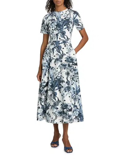Oscar de la Renta Women's Dotted Palm Tree Cotton Poplin Midi-Dress - Navy White | Thumbnail 2 Oscar de la Renta Women's Dotted Palm Tree Cotton Poplin Midi-Dress - Navy White | Thumbnail 2