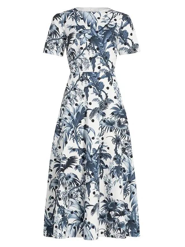 Women's Dotted Palm Tree Cotton Poplin Midi-Dress - Navy White