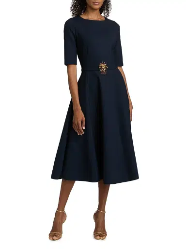 Oscar de la Renta Women's Wool Belted Midi-Dress - Navy | Thumbnail 2