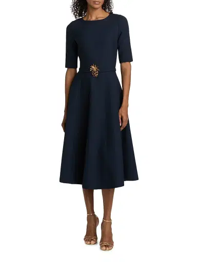 Oscar de la Renta Women's Wool Belted Midi-Dress - Navy | Thumbnail 3