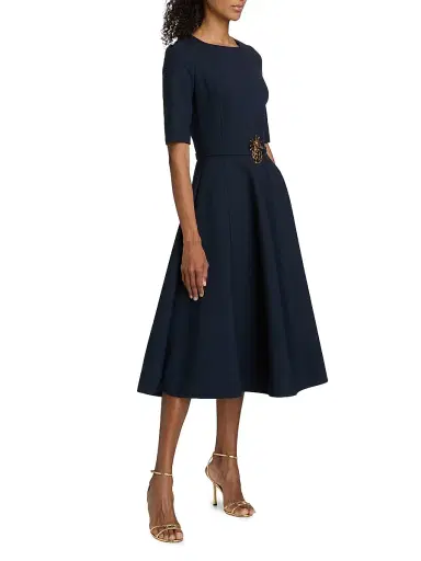 Oscar de la Renta Women's Wool Belted Midi-Dress - Navy | Thumbnail 4