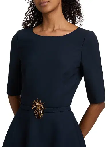 Oscar de la Renta Women's Wool Belted Midi-Dress - Navy | Thumbnail 6