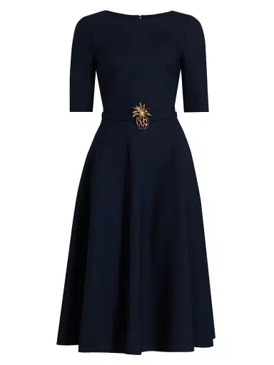 Oscar de la Renta Women's Wool Belted Midi-Dress - Navy | Thumbnail 1