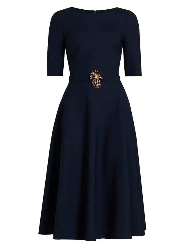 Women's Wool Belted Midi-Dress - Navy