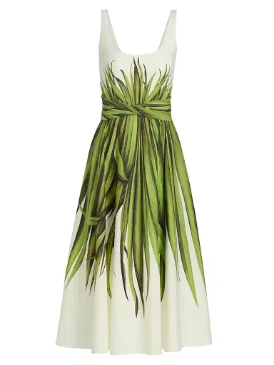 Oscar de la Renta Women's Palm Leaves Cotton Poplin Midi-Dress - Green Ecru | Thumbnail 1 Oscar de la Renta Women's Palm Leaves Cotton Poplin Midi-Dress - Green Ecru | Thumbnail 1