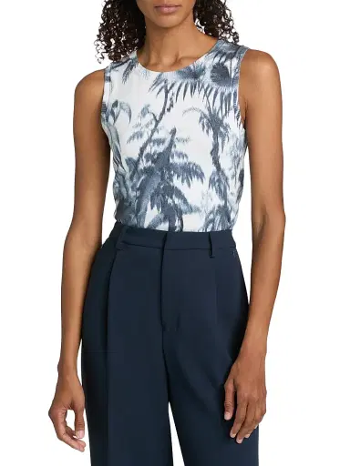 Oscar de la Renta Women's Palm Leaf Knit Tank Top - Navy White - Size XL | Thumbnail 3