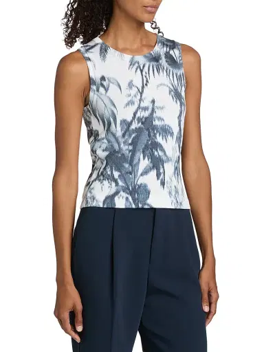 Oscar de la Renta Women's Palm Leaf Knit Tank Top - Navy White - Size XL | Thumbnail 4