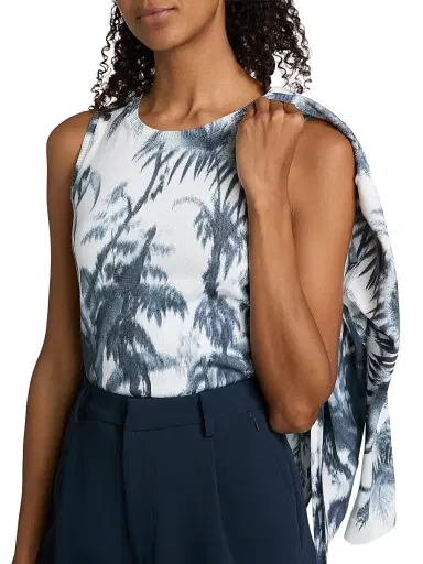 Oscar de la Renta Women's Palm Leaf Knit Tank Top - Navy White - Size XL | Thumbnail 6