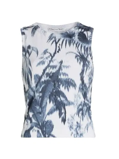 Oscar de la Renta Women's Palm Leaf Knit Tank Top - Navy White - Size XL | Thumbnail 1