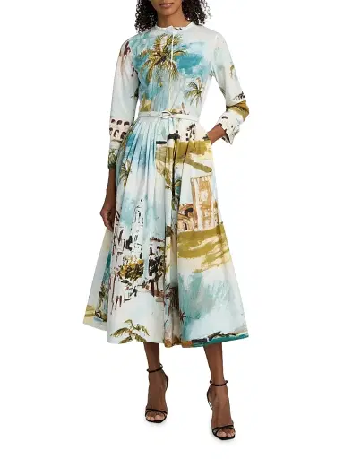 Oscar de la Renta Women's Landscape-Print Cotton Poplin Midi-Shirtdress - Blue Green Multi | Thumbnail 2