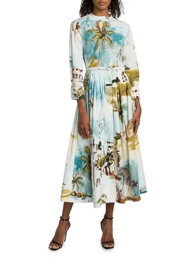 Oscar de la Renta Women's Landscape-Print Cotton Poplin Midi-Shirtdress - Blue Green Multi | Thumbnail 3