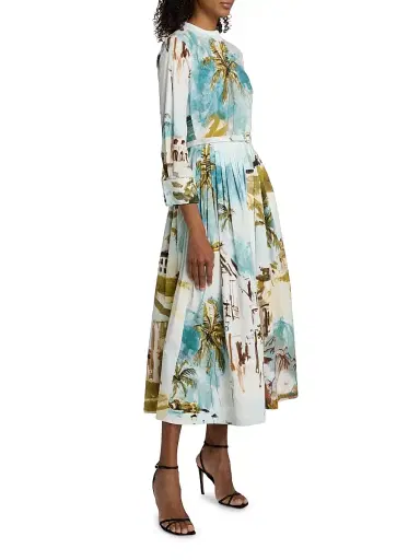 Oscar de la Renta Women's Landscape-Print Cotton Poplin Midi-Shirtdress - Blue Green Multi | Thumbnail 4