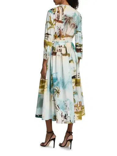 Oscar de la Renta Women's Landscape-Print Cotton Poplin Midi-Shirtdress - Blue Green Multi | Thumbnail 5