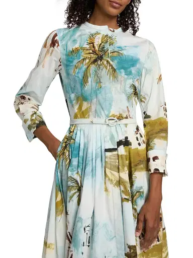 Oscar de la Renta Women's Landscape-Print Cotton Poplin Midi-Shirtdress - Blue Green Multi | Thumbnail 6