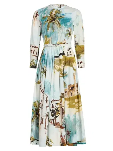 Oscar de la Renta Women's Landscape-Print Cotton Poplin Midi-Shirtdress - Blue Green Multi | Thumbnail 1