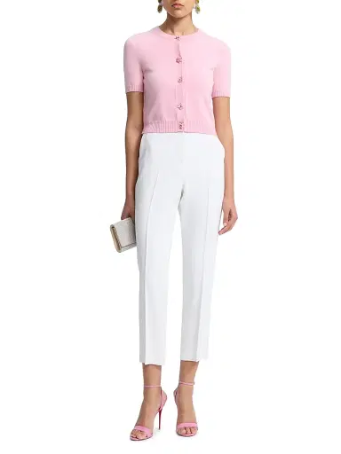 Oscar de la Renta Women's Flower-Button Short-Sleeve Wool Cardigan - Pink Butter | Thumbnail 2
