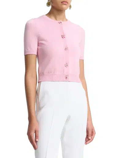 Oscar de la Renta Women's Flower-Button Short-Sleeve Wool Cardigan - Pink Butter | Thumbnail 3