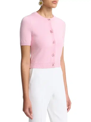 Oscar de la Renta Women's Flower-Button Short-Sleeve Wool Cardigan - Pink Butter | Thumbnail 4