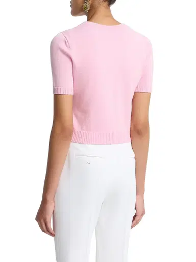 Oscar de la Renta Women's Flower-Button Short-Sleeve Wool Cardigan - Pink Butter | Thumbnail 5