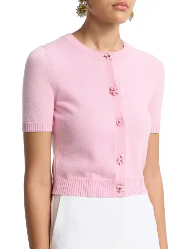 Oscar de la Renta Women's Flower-Button Short-Sleeve Wool Cardigan - Pink Butter | Thumbnail 6