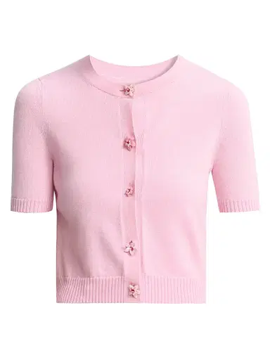 Oscar de la Renta Women's Flower-Button Short-Sleeve Wool Cardigan - Pink Butter | Thumbnail 1