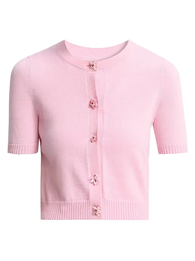 Women's Flower-Button Short-Sleeve Wool Cardigan - Pink Butter