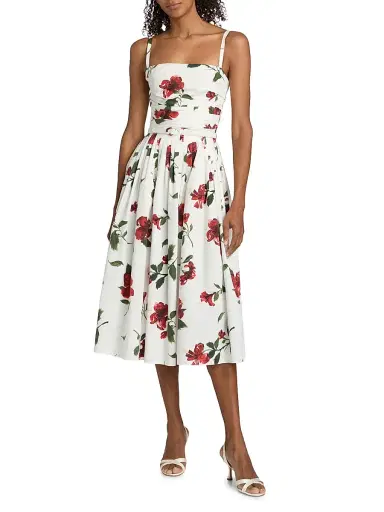 Oscar de la Renta Women's Hibiscus Cotton Poplin Belted Midi-Dress - Red White | Thumbnail 2