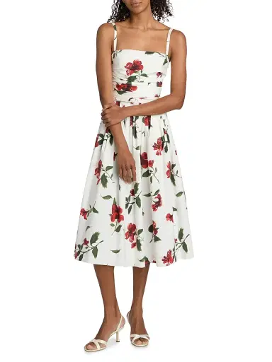 Oscar de la Renta Women's Hibiscus Cotton Poplin Belted Midi-Dress - Red White | Thumbnail 3