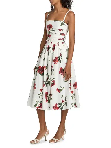 Oscar de la Renta Women's Hibiscus Cotton Poplin Belted Midi-Dress - Red White | Thumbnail 4