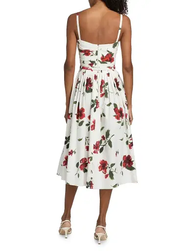 Oscar de la Renta Women's Hibiscus Cotton Poplin Belted Midi-Dress - Red White | Thumbnail 5