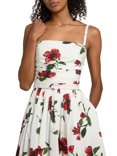 Oscar de la Renta Women's Hibiscus Cotton Poplin Belted Midi-Dress - Red White | Thumbnail 6