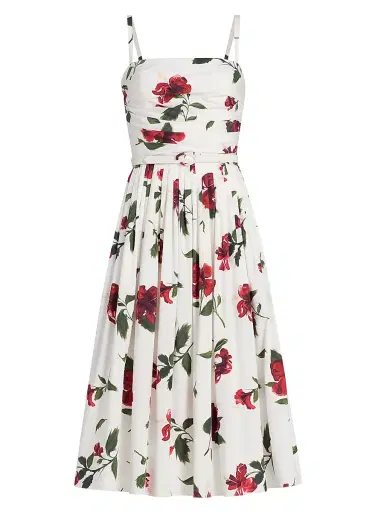 Oscar de la Renta Women's Hibiscus Cotton Poplin Belted Midi-Dress - Red White | Thumbnail 1