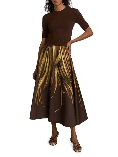Oscar de la Renta Women's Ribbed-Trim Wool Three-Quarter-Sleeve Sweater - Mahogany - Size XL | Thumbnail 2