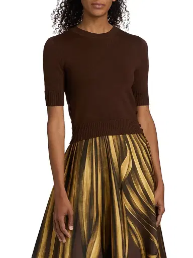 Oscar de la Renta Women's Ribbed-Trim Wool Three-Quarter-Sleeve Sweater - Mahogany - Size XL | Thumbnail 3