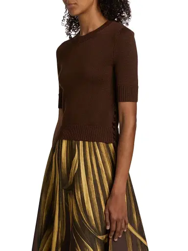 Oscar de la Renta Women's Ribbed-Trim Wool Three-Quarter-Sleeve Sweater - Mahogany - Size XL | Thumbnail 4