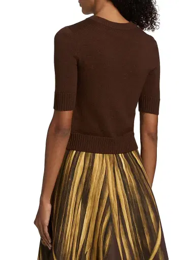 Oscar de la Renta Women's Ribbed-Trim Wool Three-Quarter-Sleeve Sweater - Mahogany - Size XL | Thumbnail 5